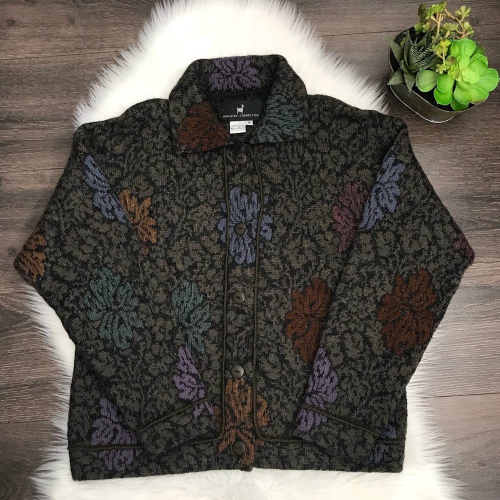 PERUVIAN CONNECTION floral button alpaca sweater